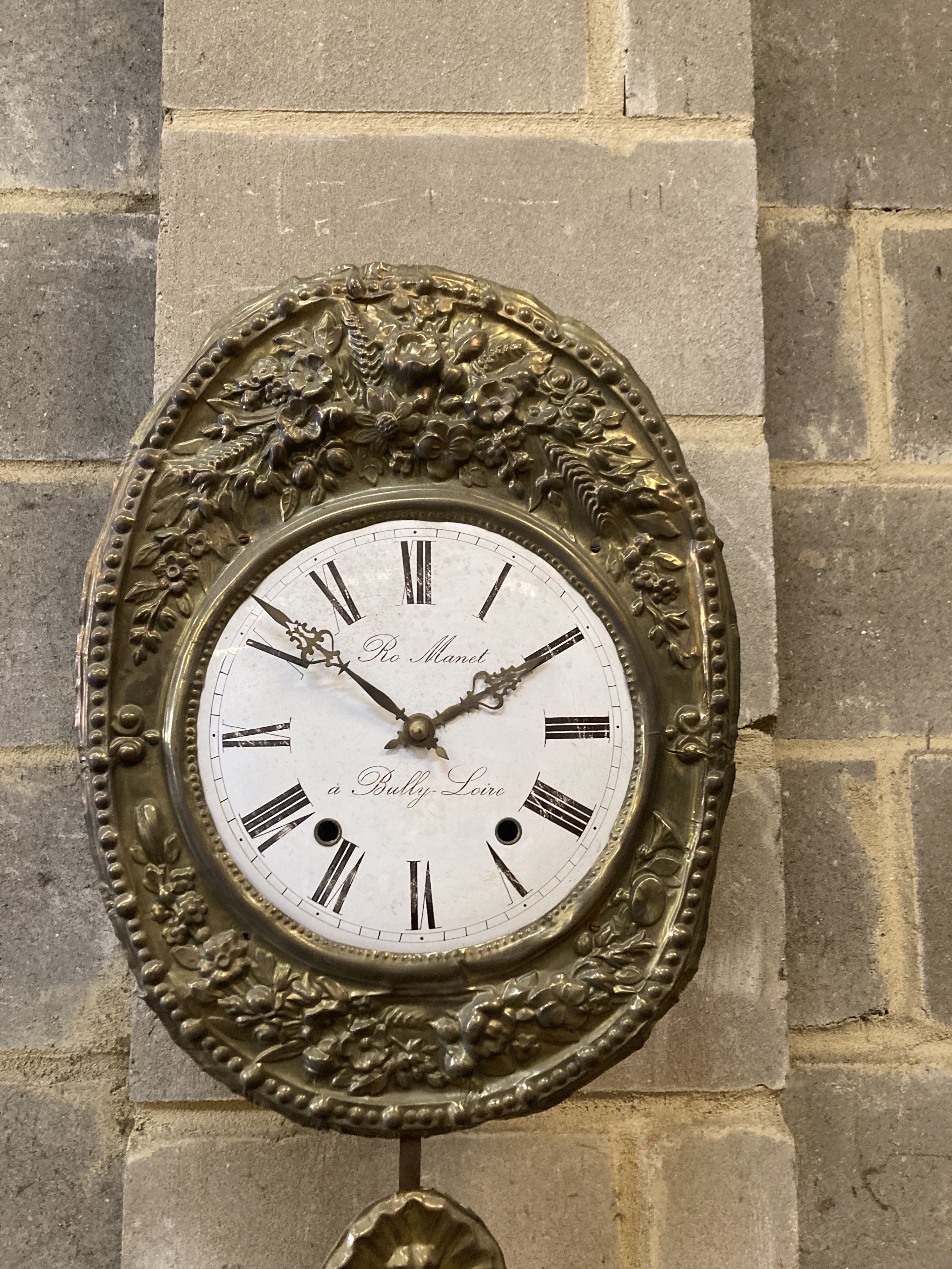 A 19th century French longcase clock dial and pendulum, dial 24cm diameter